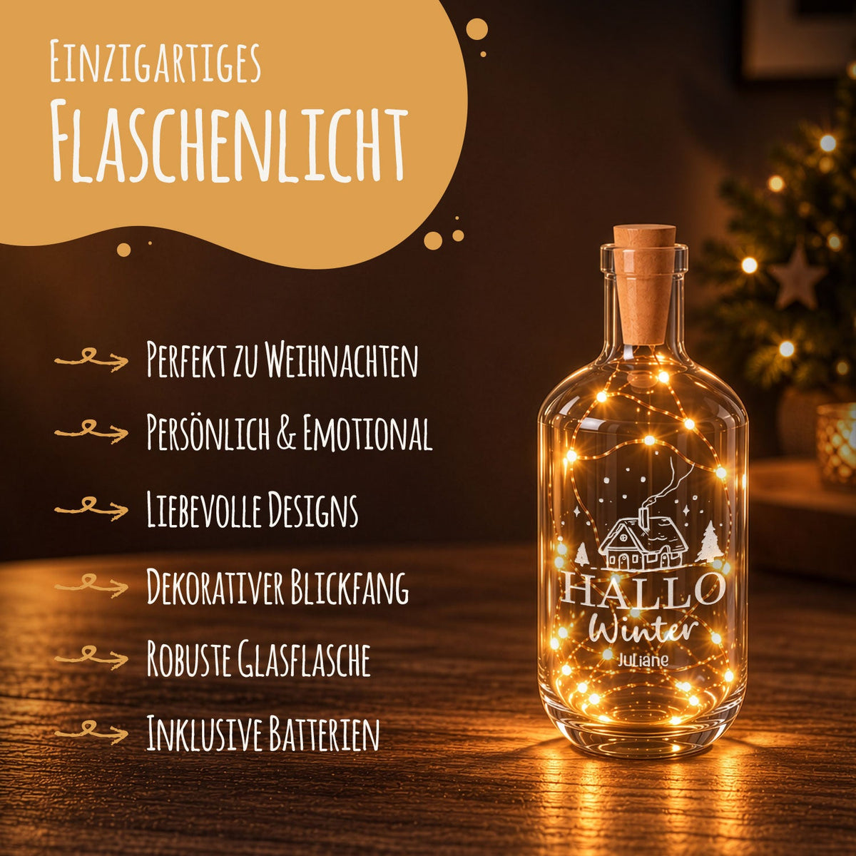Flaschenlicht mit LED-Lichterkette im Hallo Winter Design - Personalisiert mit Namen