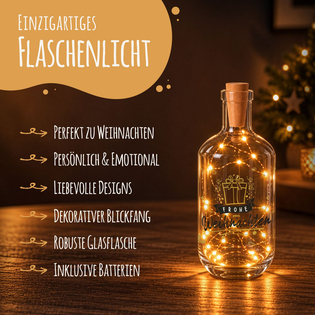 Flaschenlicht mit LED-Lichterkette und UV Druck - Goldenes Geschenk Design - Weihnachtsdekoration