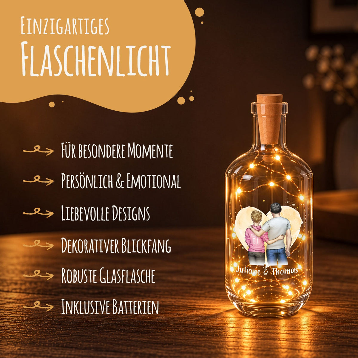 Flaschenlicht mit LED-Lichterkette im Pärchen Konfiguration Design