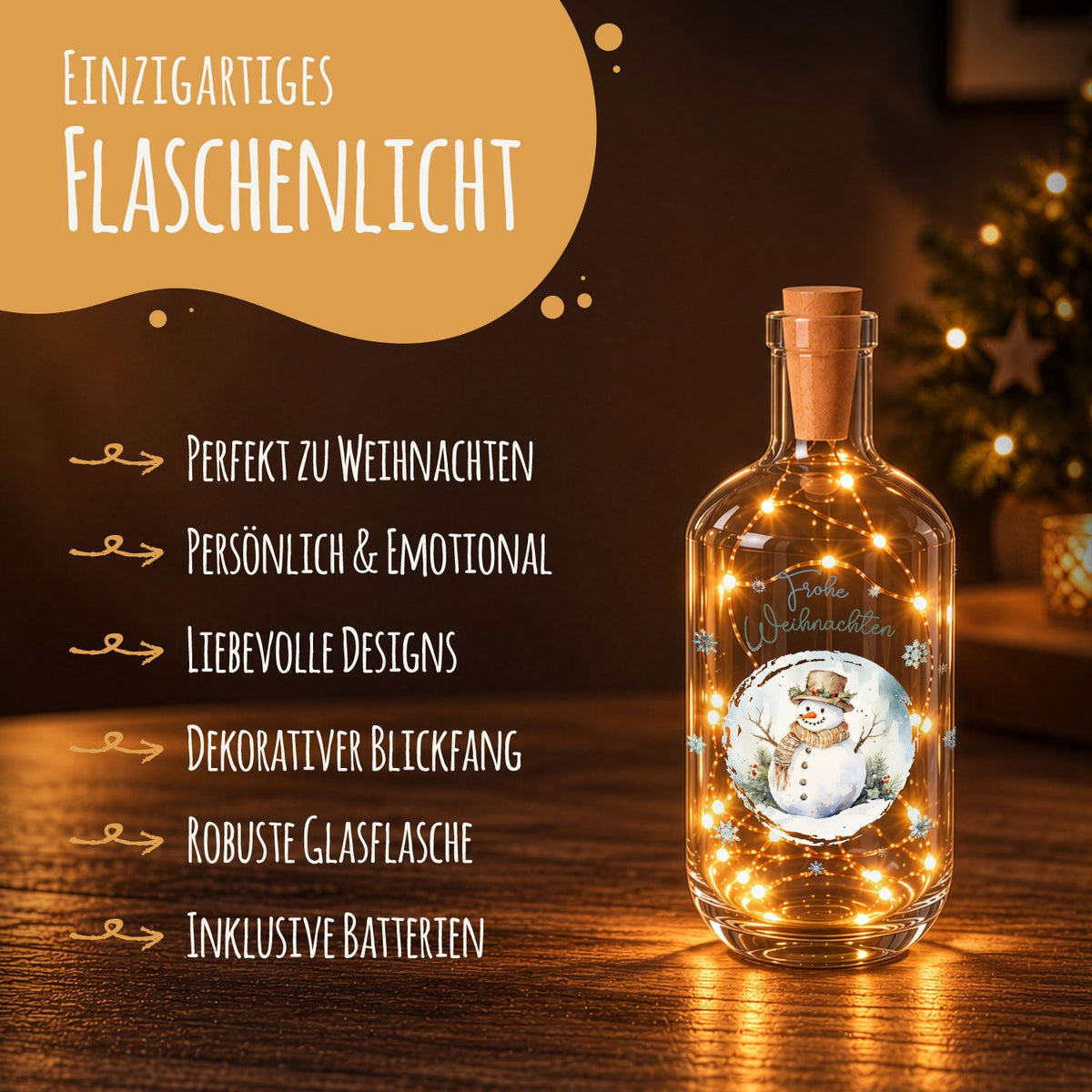 Flaschenlicht mit LED-Lichterkette und UV Druck - Schneemann Design - Weihnachtsdekoration
