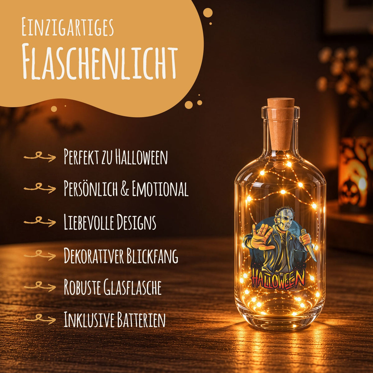 Flaschenlicht mit LED-Lichterkette im Halloween Slasher UV Design