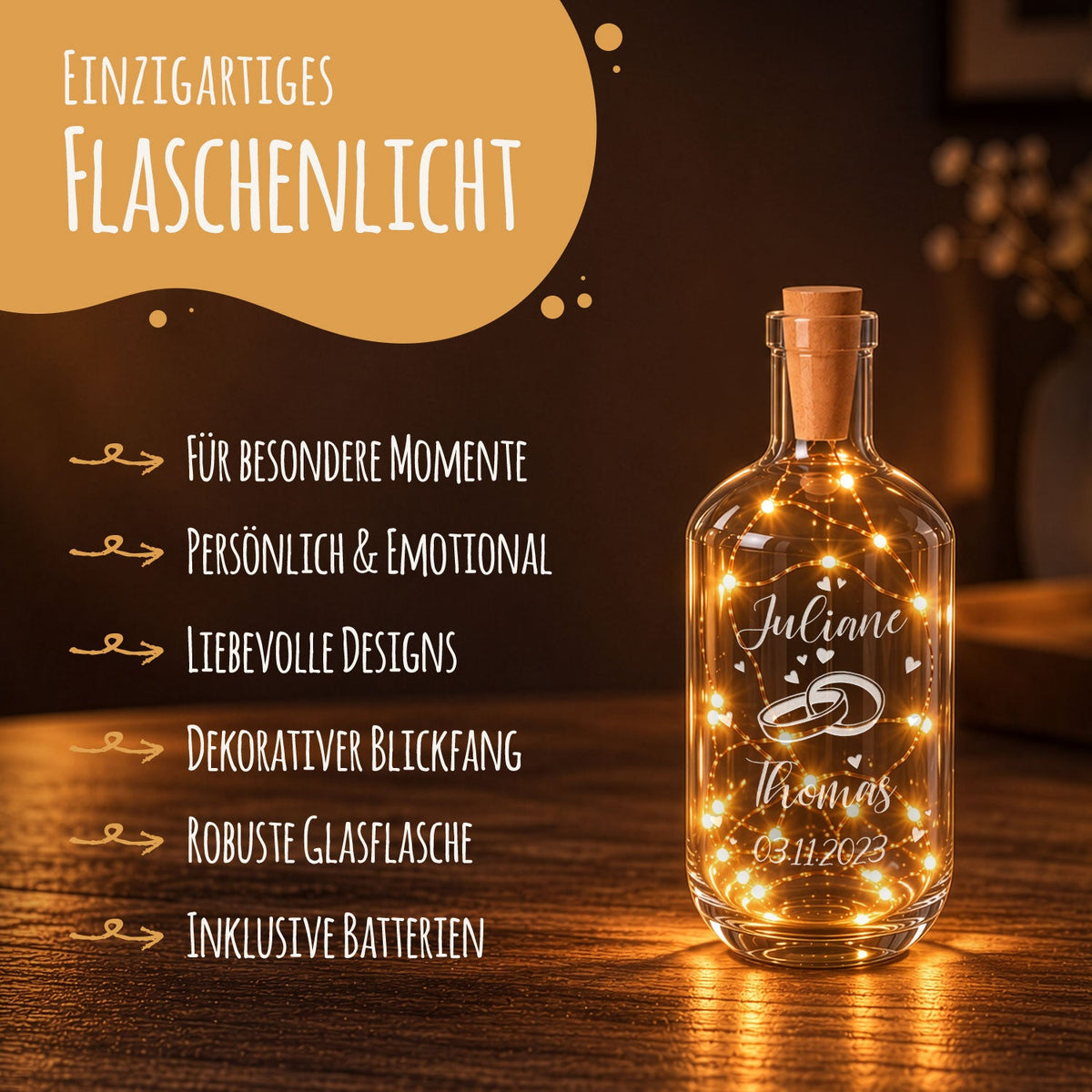 Flaschenlicht mit LED-Lichterkette und Gravur "Wedding"
