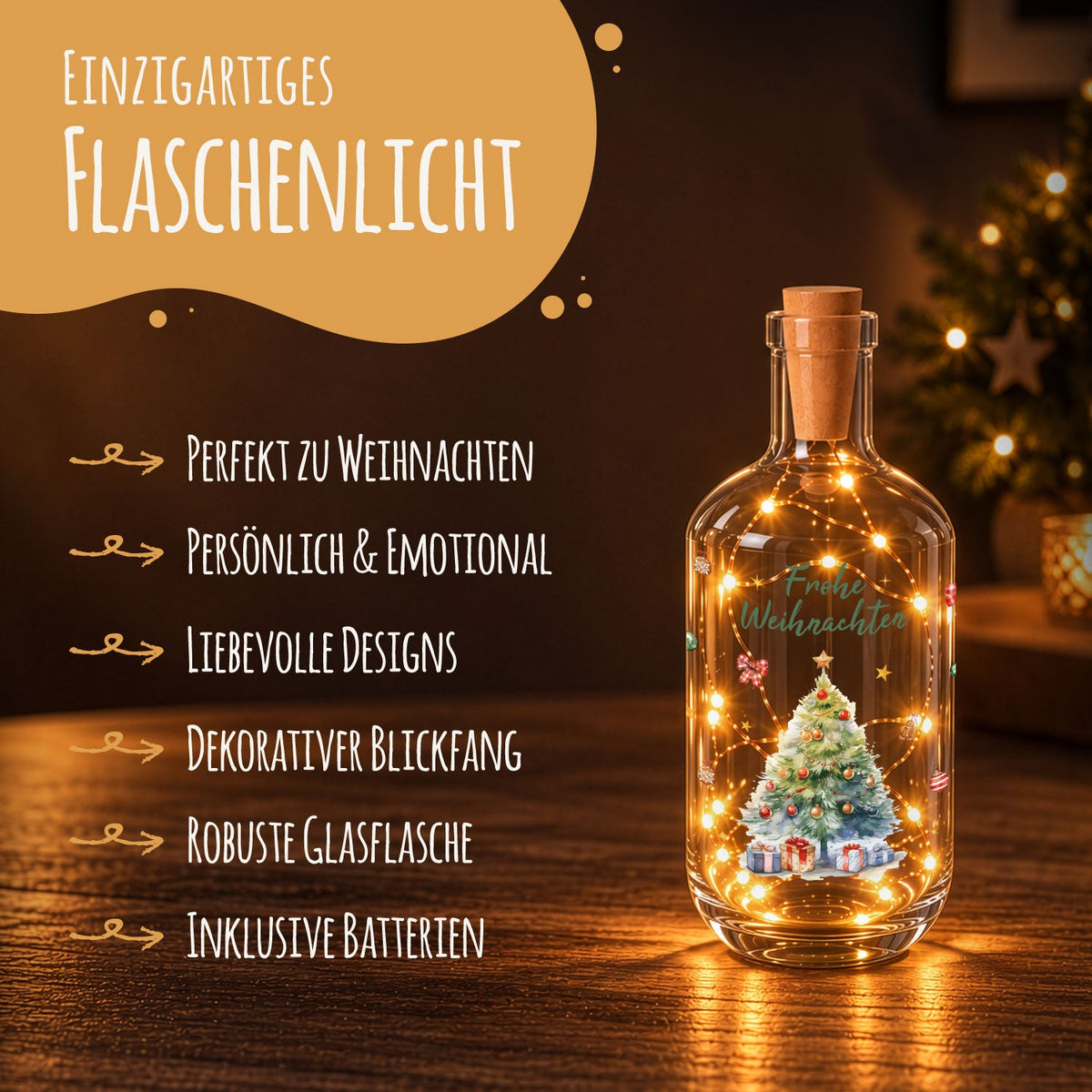 Flaschenlicht mit LED-Lichterkette und UV Druck - Weihnachtsbaum Design - Weihnachtsdekoration