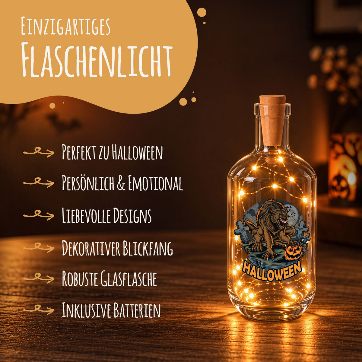 Flaschenlicht mit LED-Lichterkette im Halloween Werwolf V1 UV Design