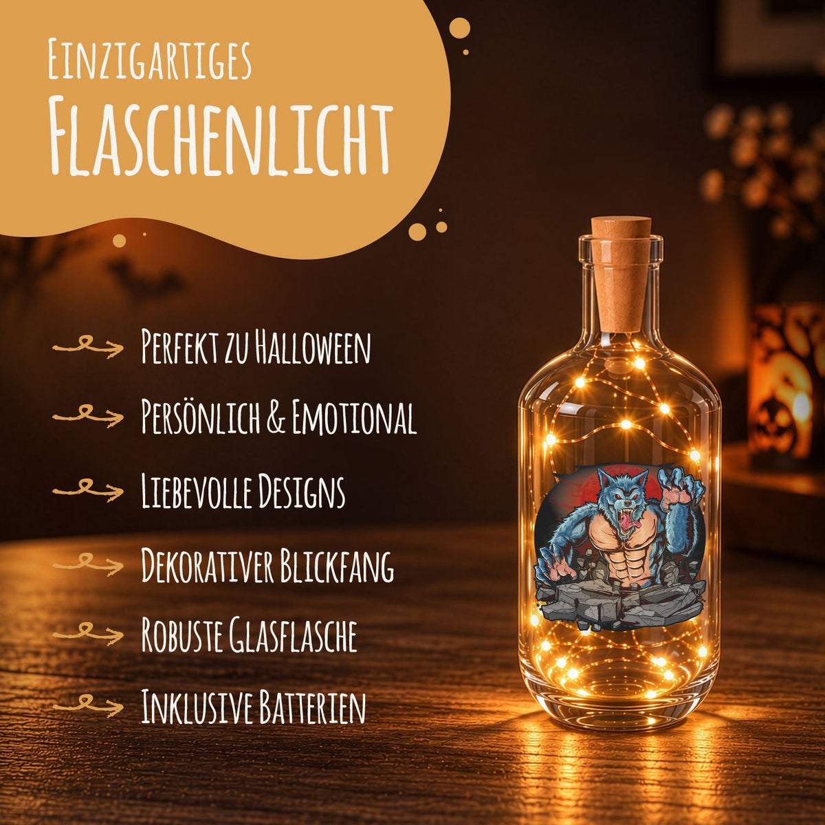 Flaschenlicht mit LED-Lichterkette im Halloween Werwolf V2 UV Design