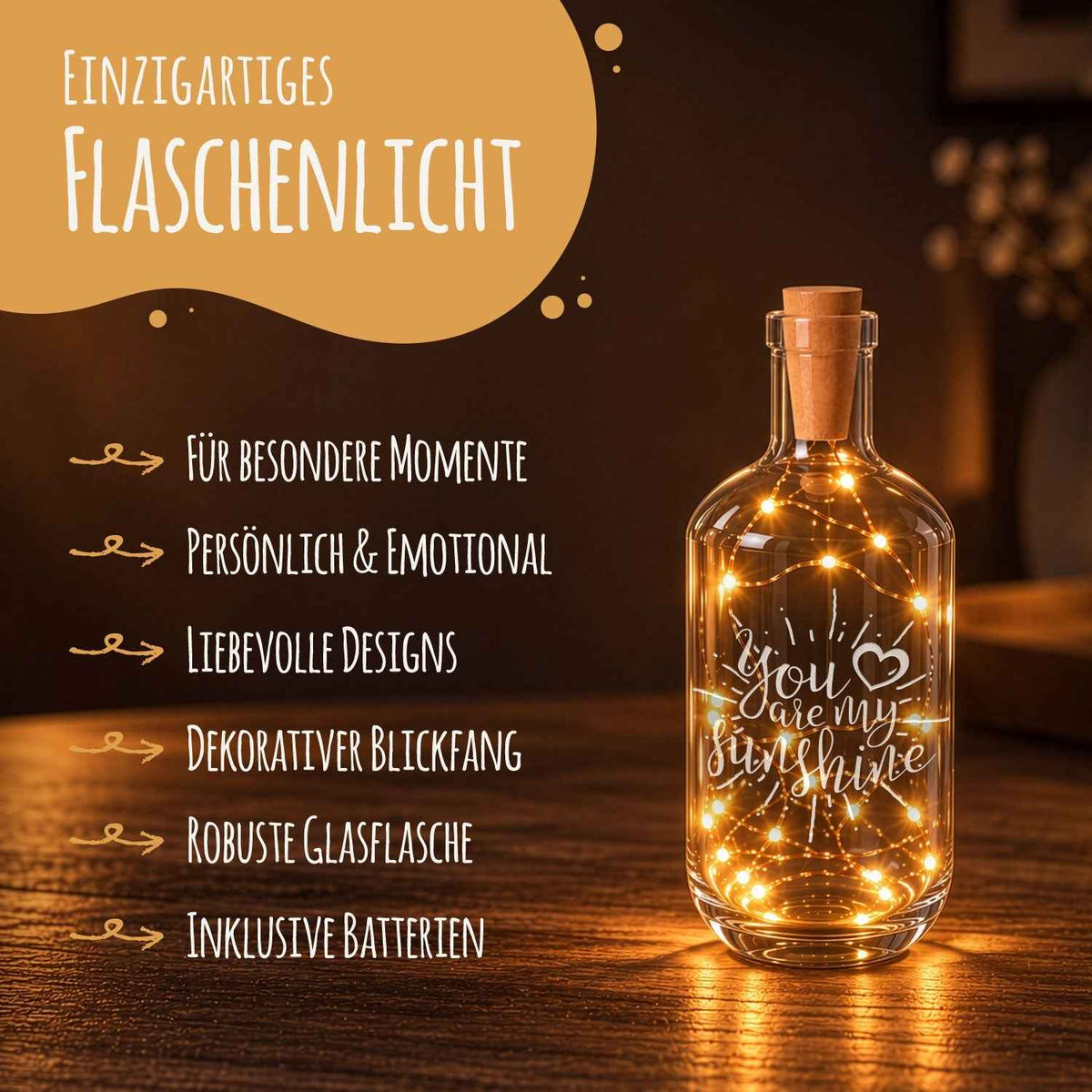 Flaschenlicht mit LED-Lichterkette und Gravur "You are my sunshine"