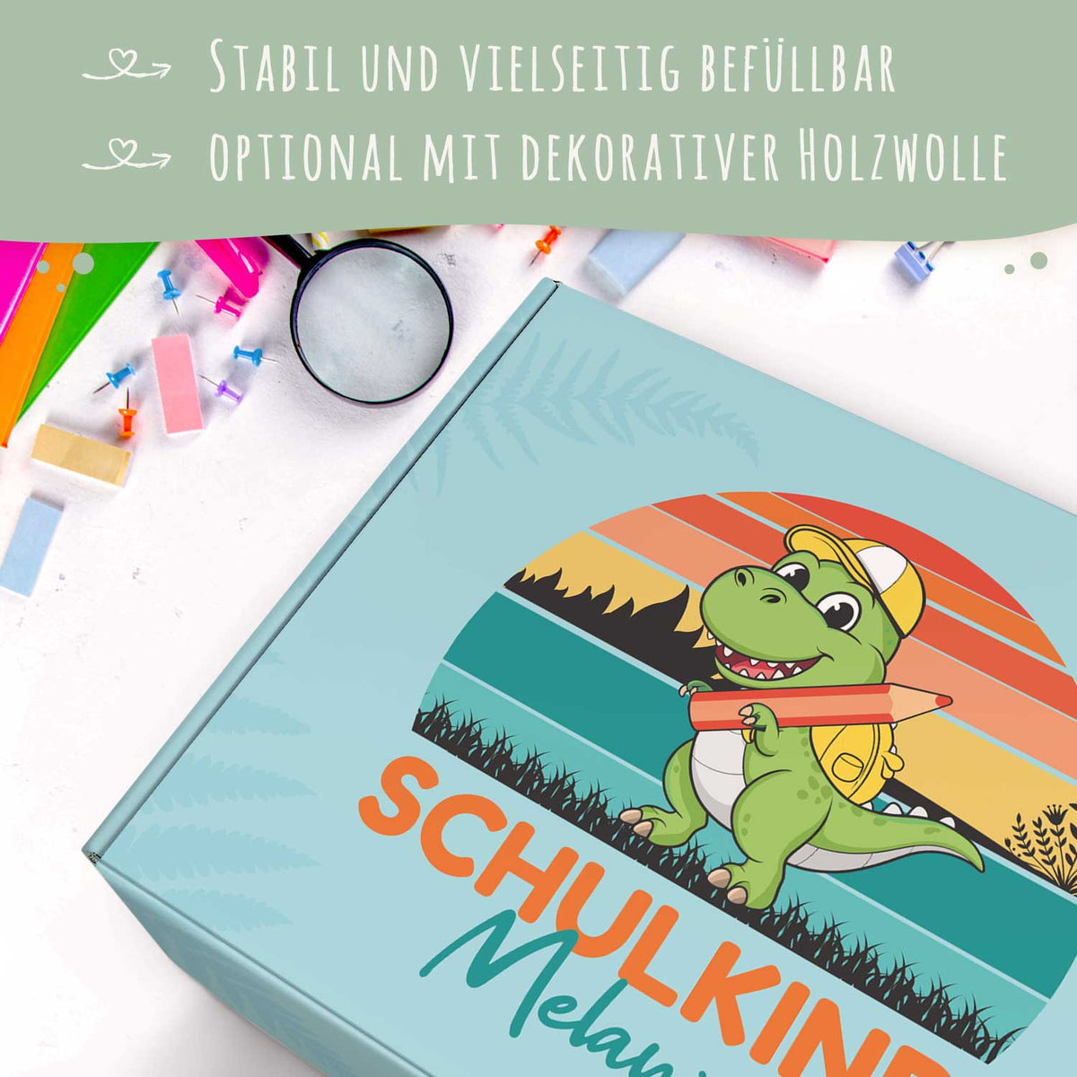 Personalisierte Geschenkbox - Schulkind Dino - Einschulung