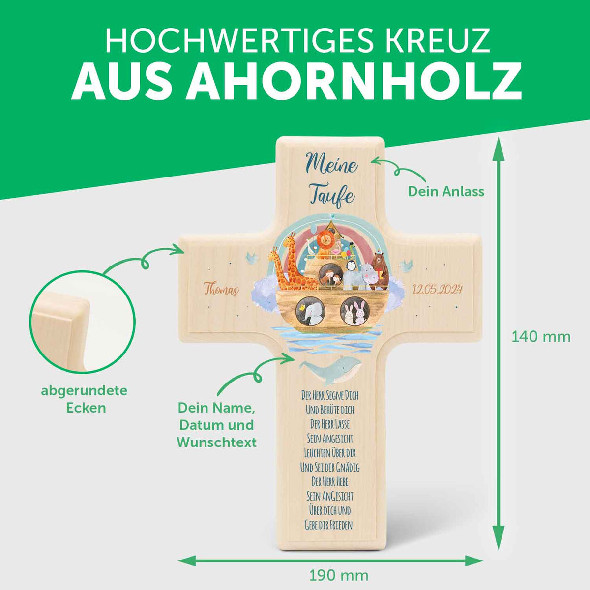 Personalisierbares Holzkreuz zur Taufe Konfirmation oder Kommunion - Arche Design