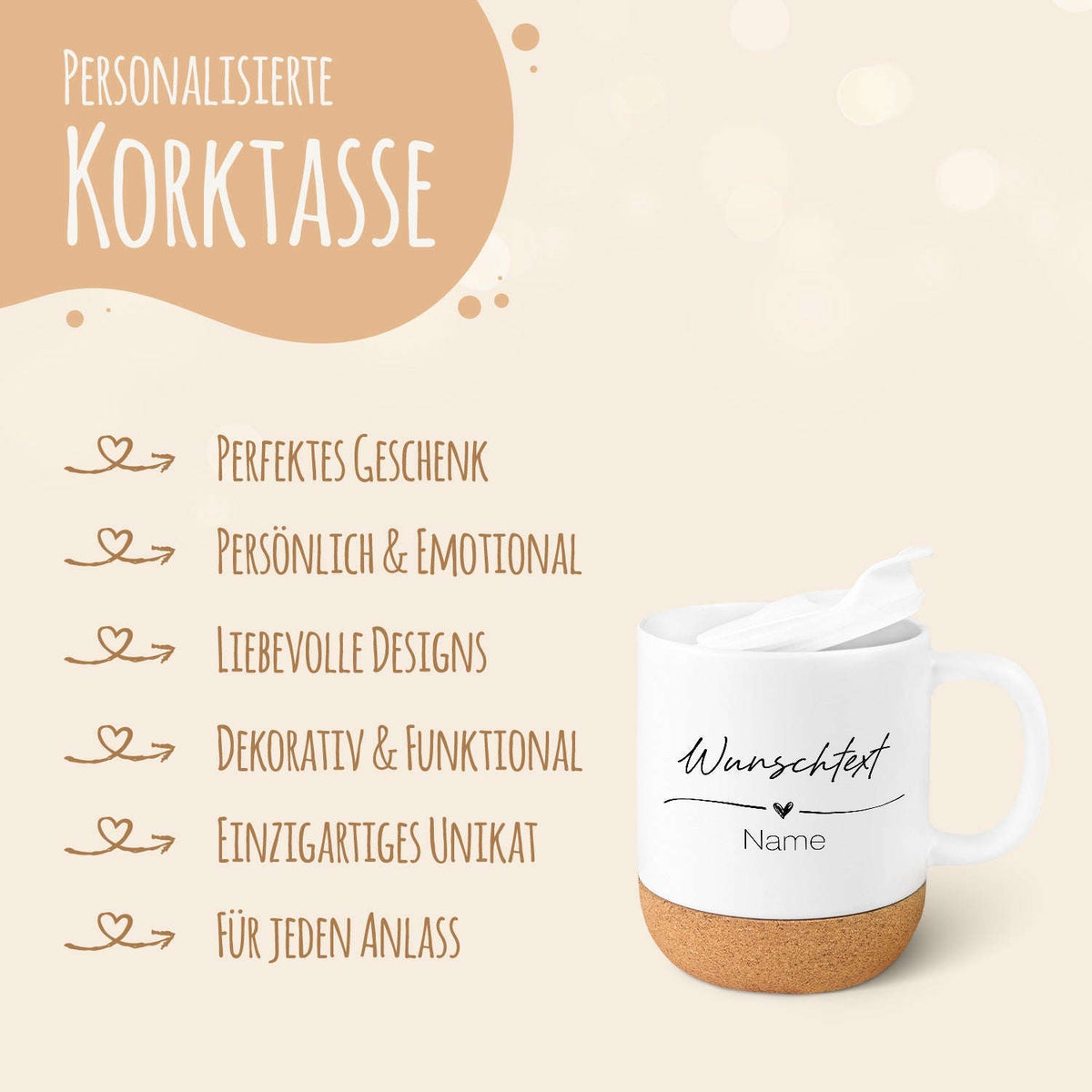 Bedruckte Tasse mit Korksockel & Deckel - Wunschtext V1 Namma Markt