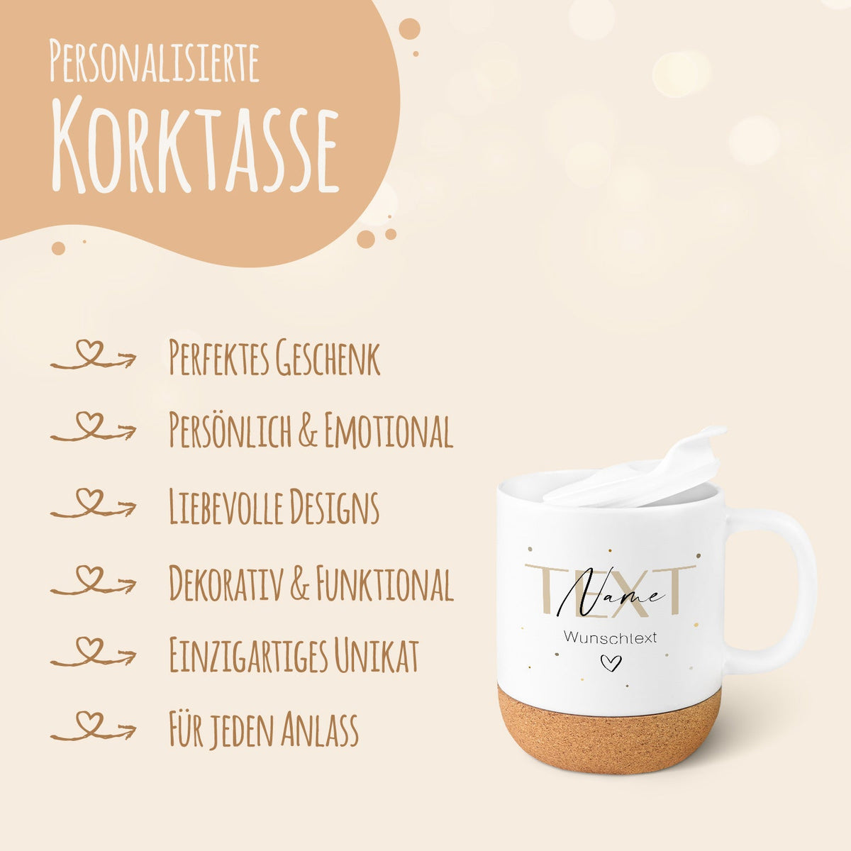 Bedruckte Tasse mit Korksockel & Deckel - Wunschtext V2
