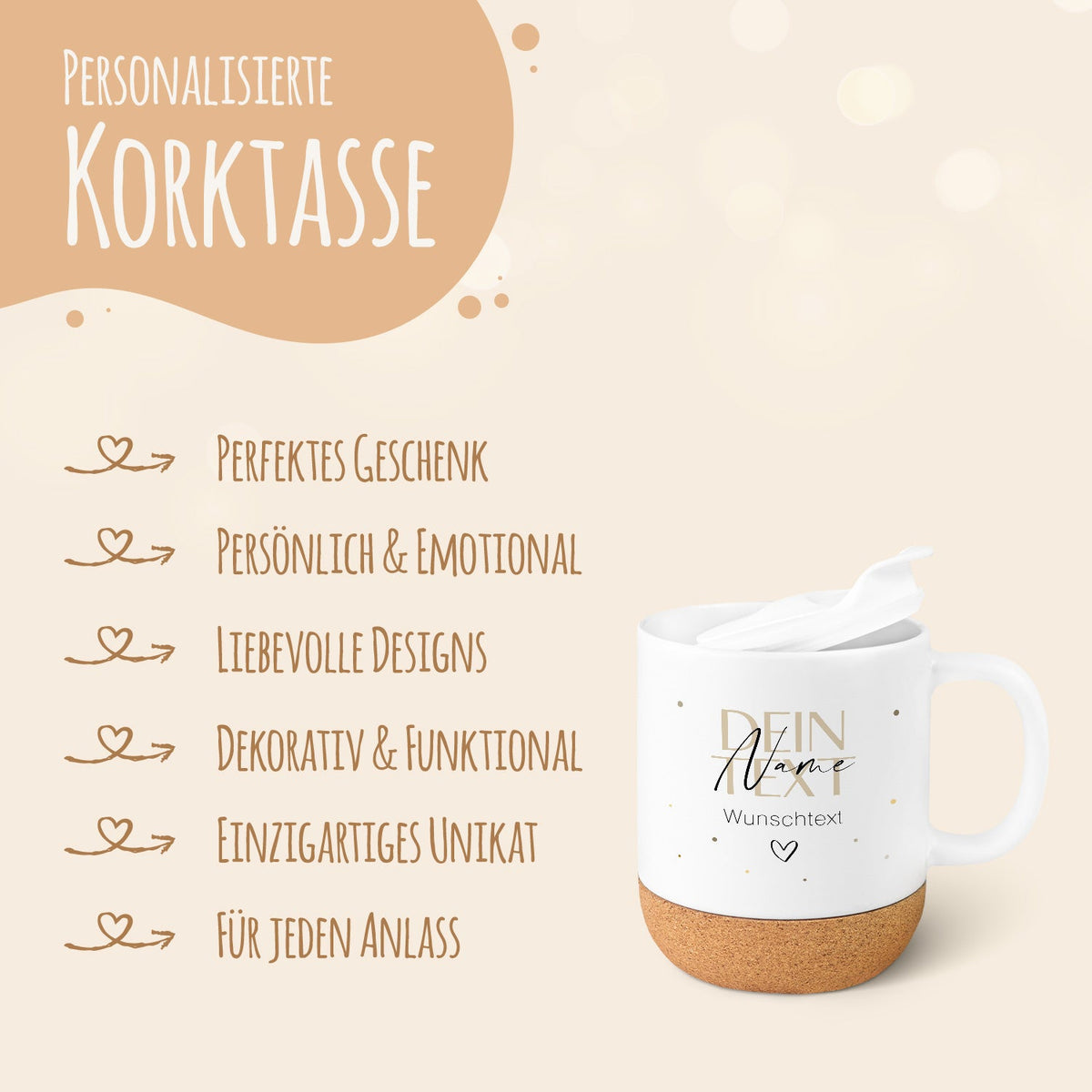 Bedruckte Tasse mit Korksockel & Deckel - Wunschtext V2