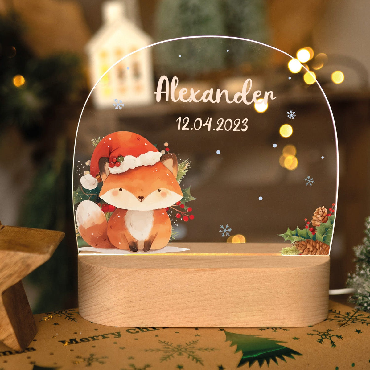 Kinder LED Nachtlicht mit Sockel aus Holz - "Weihnachtstiere"