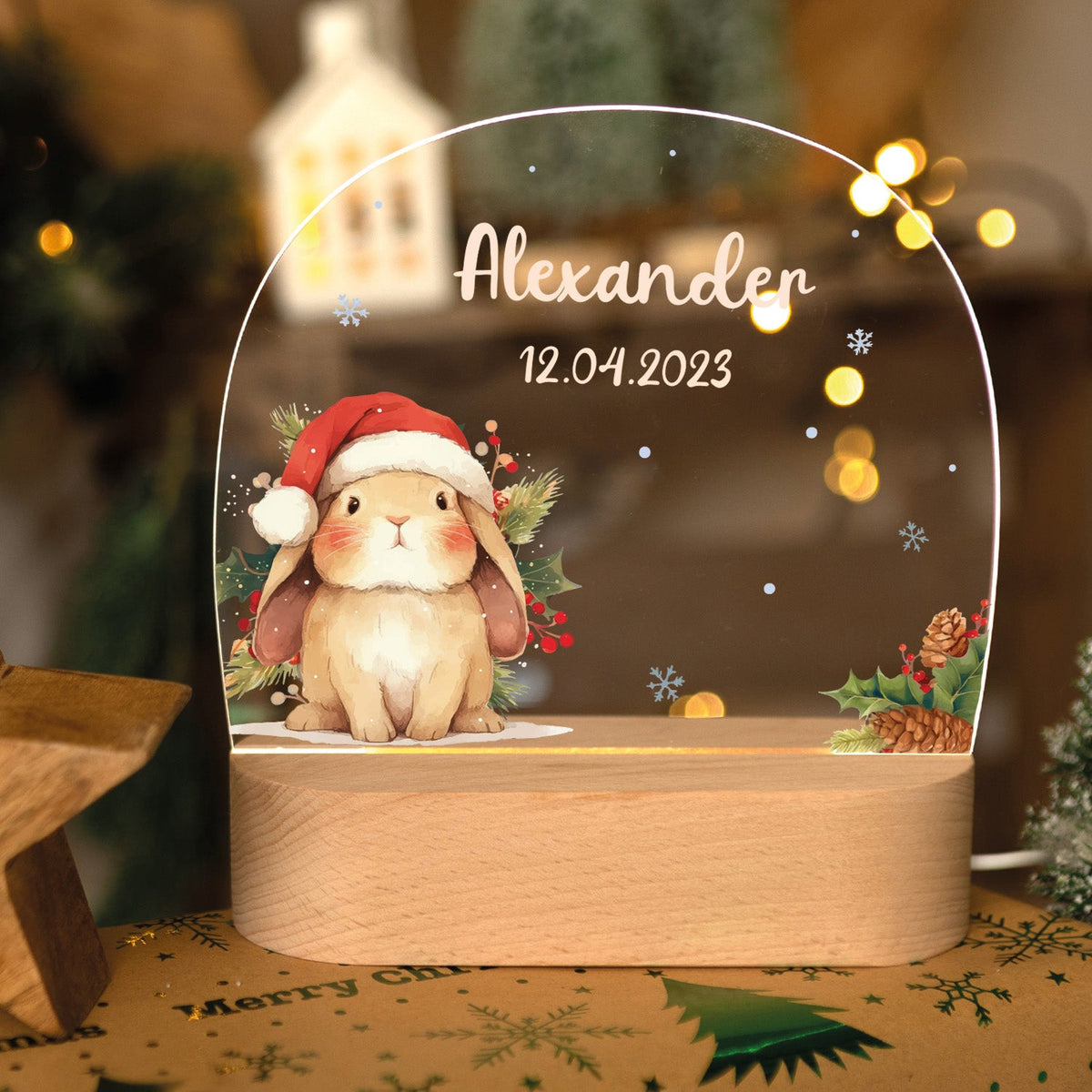 Kinder LED Nachtlicht mit Sockel aus Holz - "Weihnachtstiere"