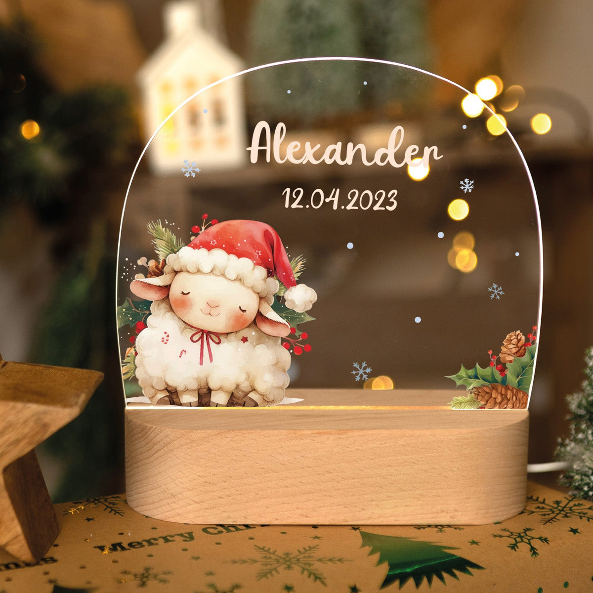 Kinder LED Nachtlicht mit Sockel aus Holz - "Weihnachtstiere"