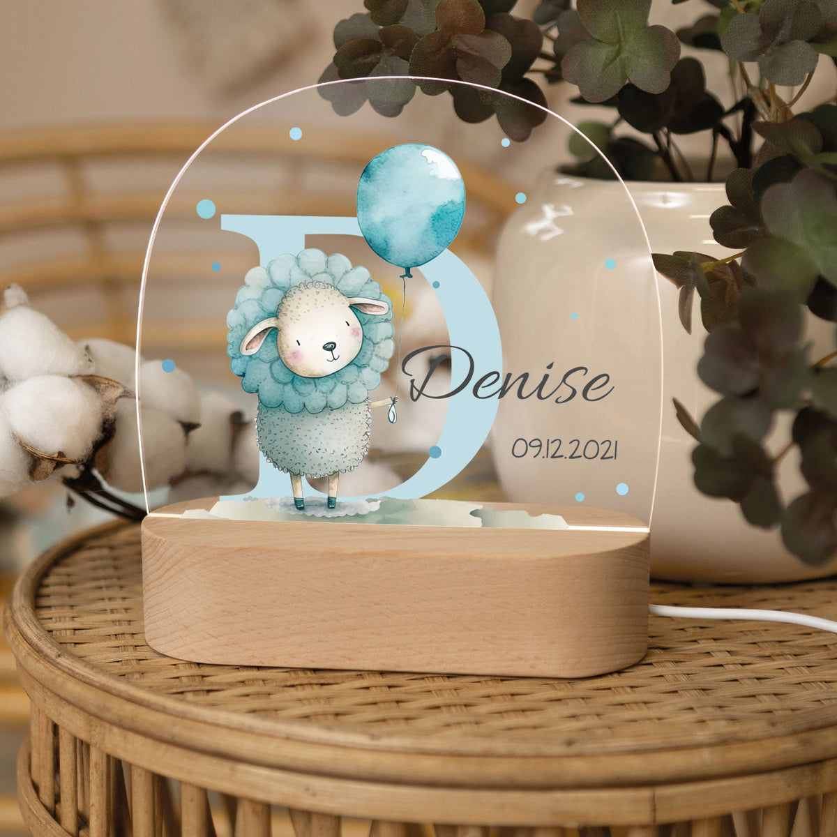 Kinder LED Nachtlicht mit Sockel aus Holz - "Initial Tiere"
