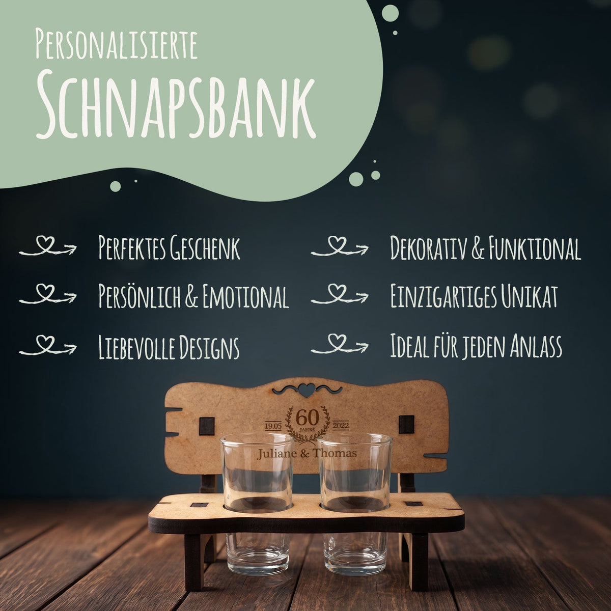 Gravierte Schnapsbank im Hochzeiten Design mit Namen & Datum + 2 Schnaps