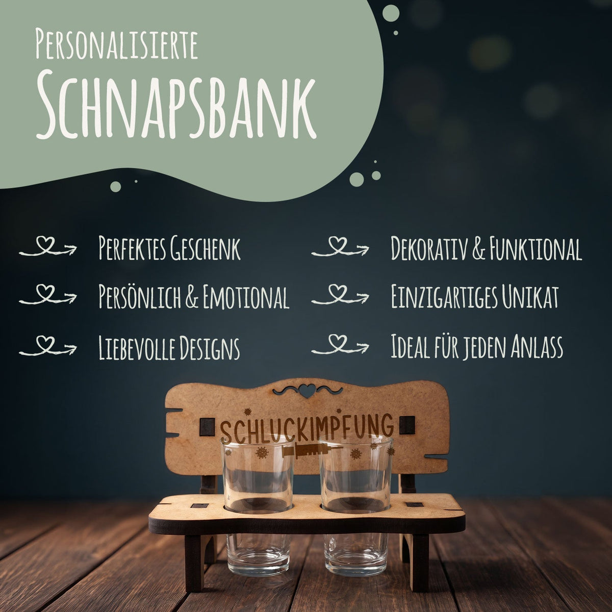 Gravierte Schnapsbank im Schluckimpfung Design + 2 Schnapsgläser