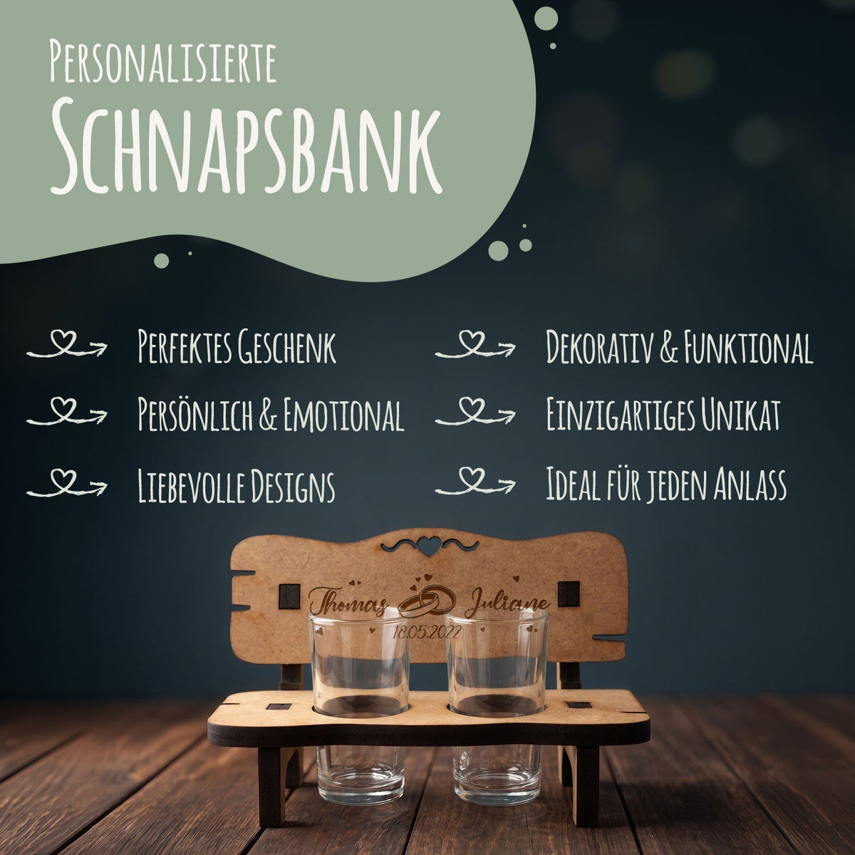 Gravierte Schnapsbank im Wedding Design mit Namen & Datum + 2 Schnapsgläser