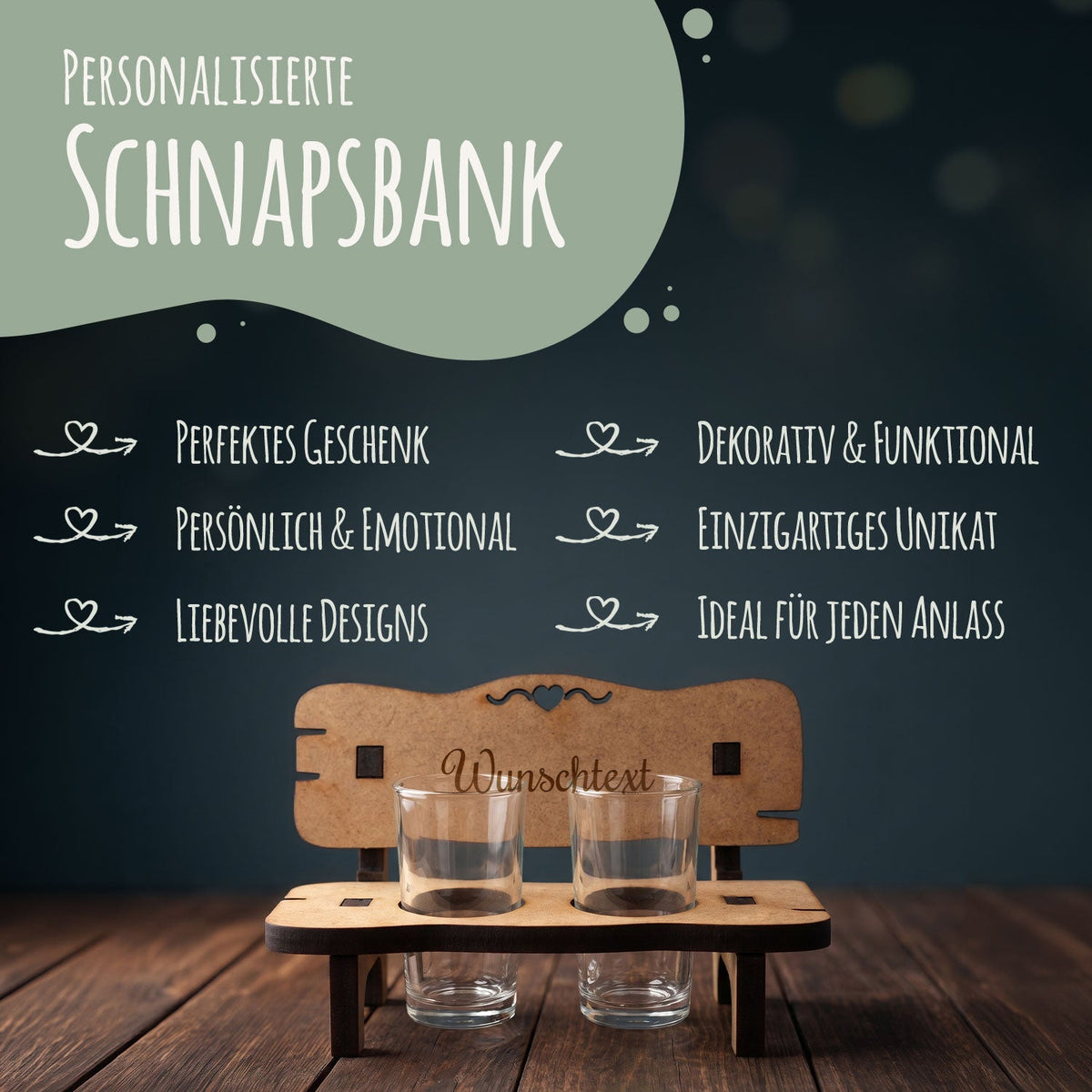 Gravierte Schnapsbank mit Wunschtext + 2 Schnapsgläser