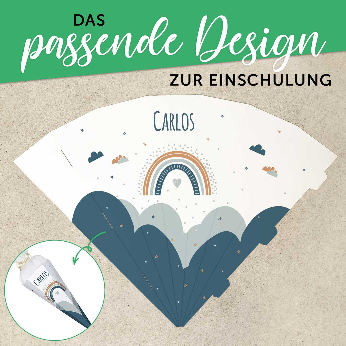 Bedruckte Schultüte mit Namen - Regenbogen