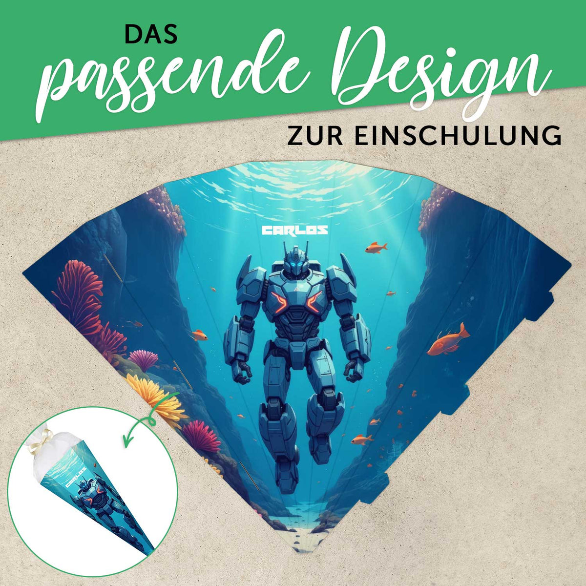 Bedruckte Schultüte mit Namen - Roboter