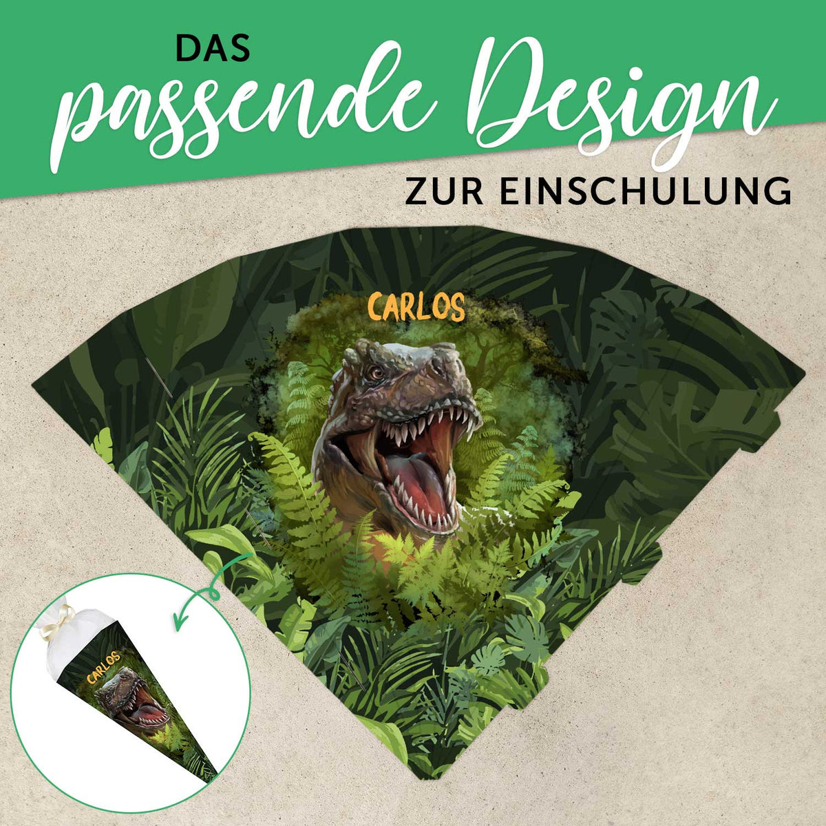 Bedruckte Schultüte mit Namen - T-Rex