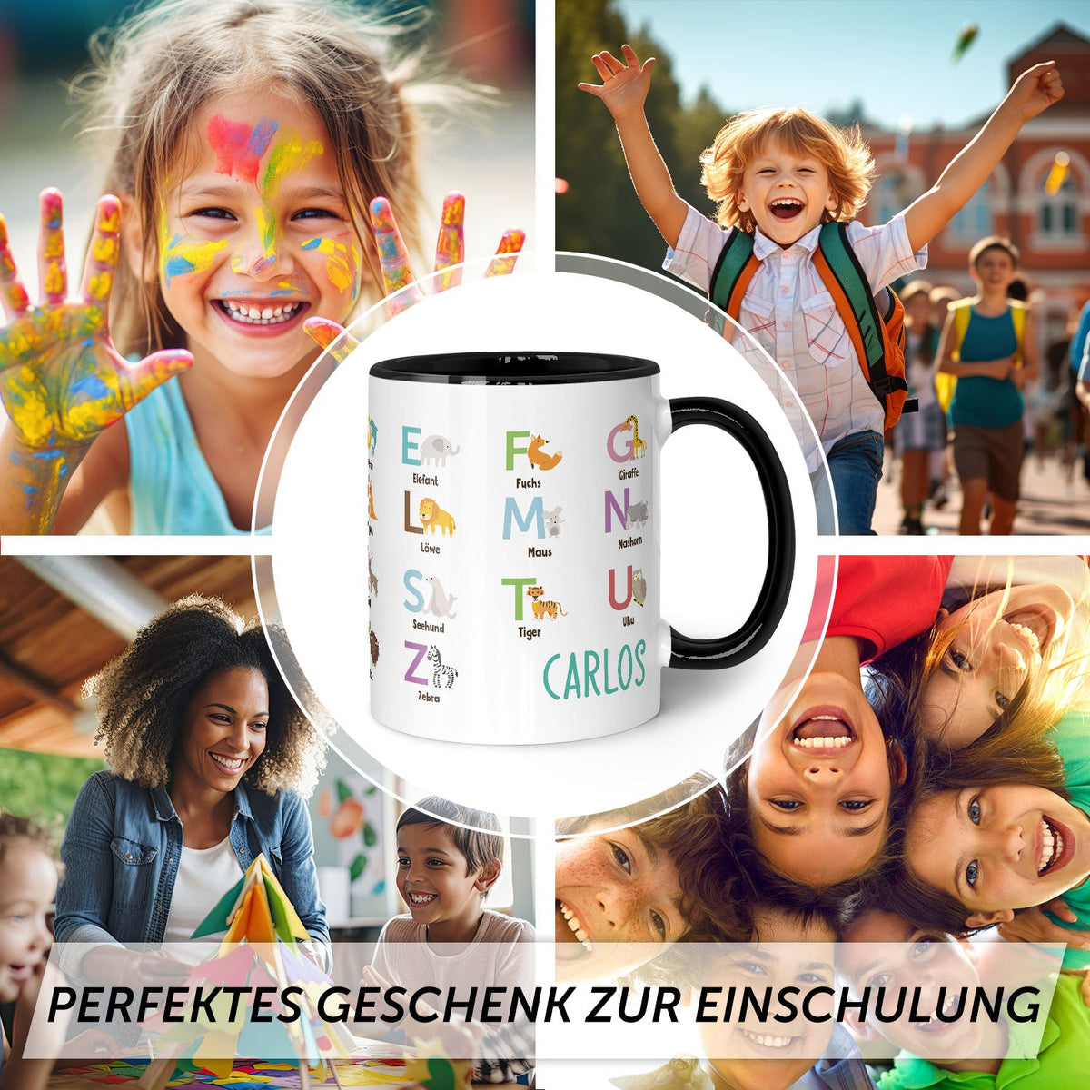 Bedruckte Tasse - ABC Tiere - Geschenk zur Einschulung