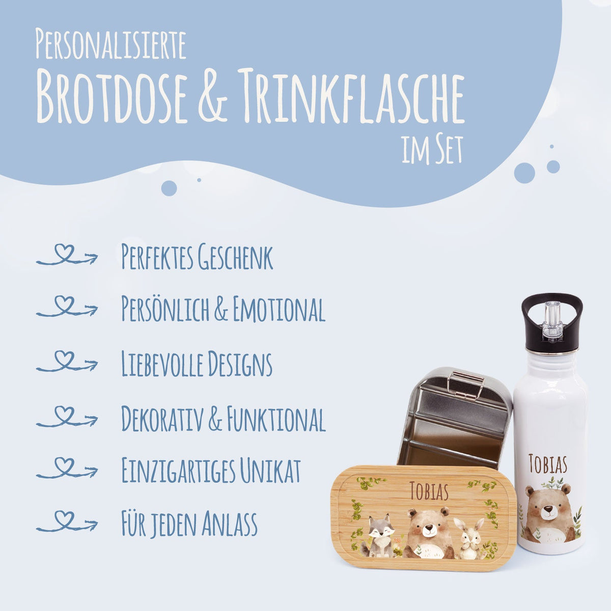 Bedruckte Brotdose & Trinkflasche im Set - Waldfreunde V2