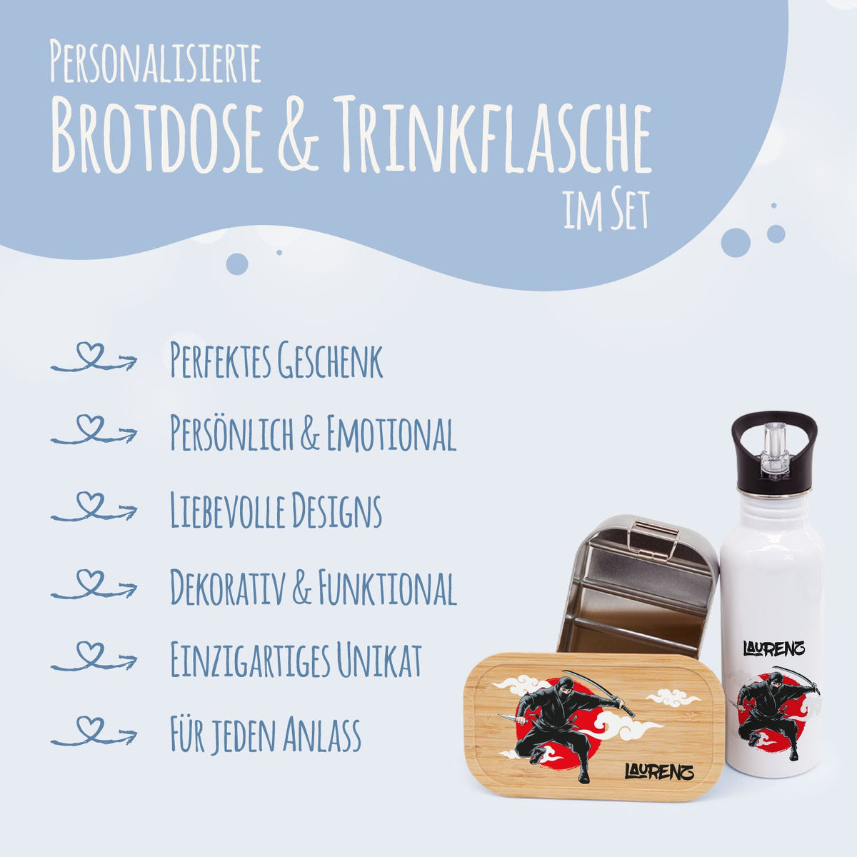 Bedruckte Brotdose & Trinkflasche im Set - Ninja