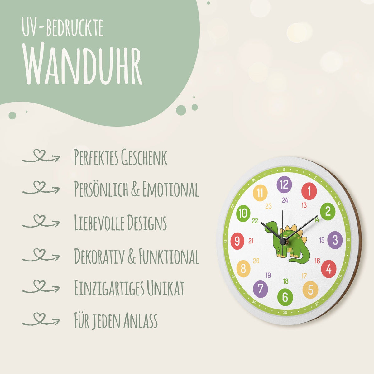 Wanduhr Kinder Dino - mit UV Druck