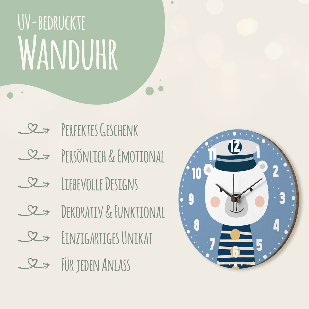 Wanduhr für Kinder im Eisbär Design - mit UV Druck