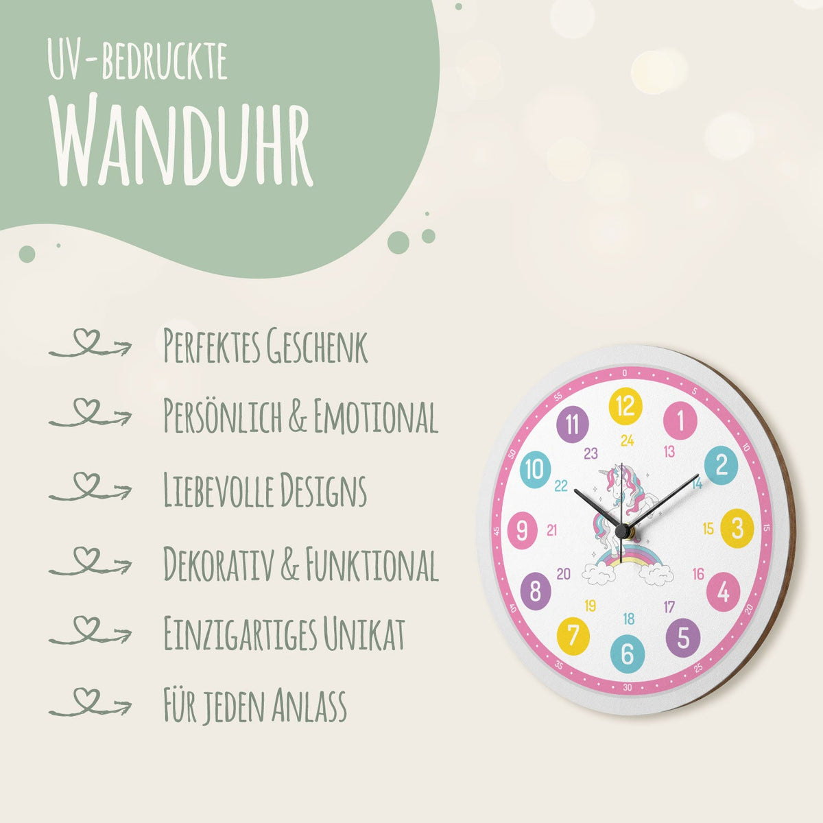 Wanduhr Kinder Einhorn - mit UV Druck