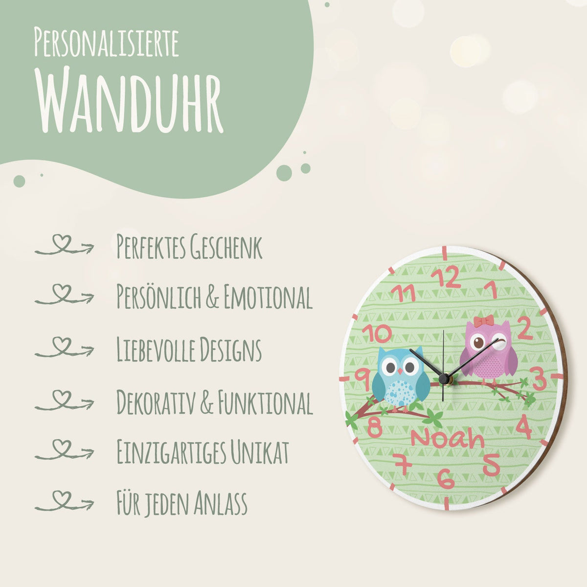 Wanduhr Kinder Eule mit Namen - mit UV Druck