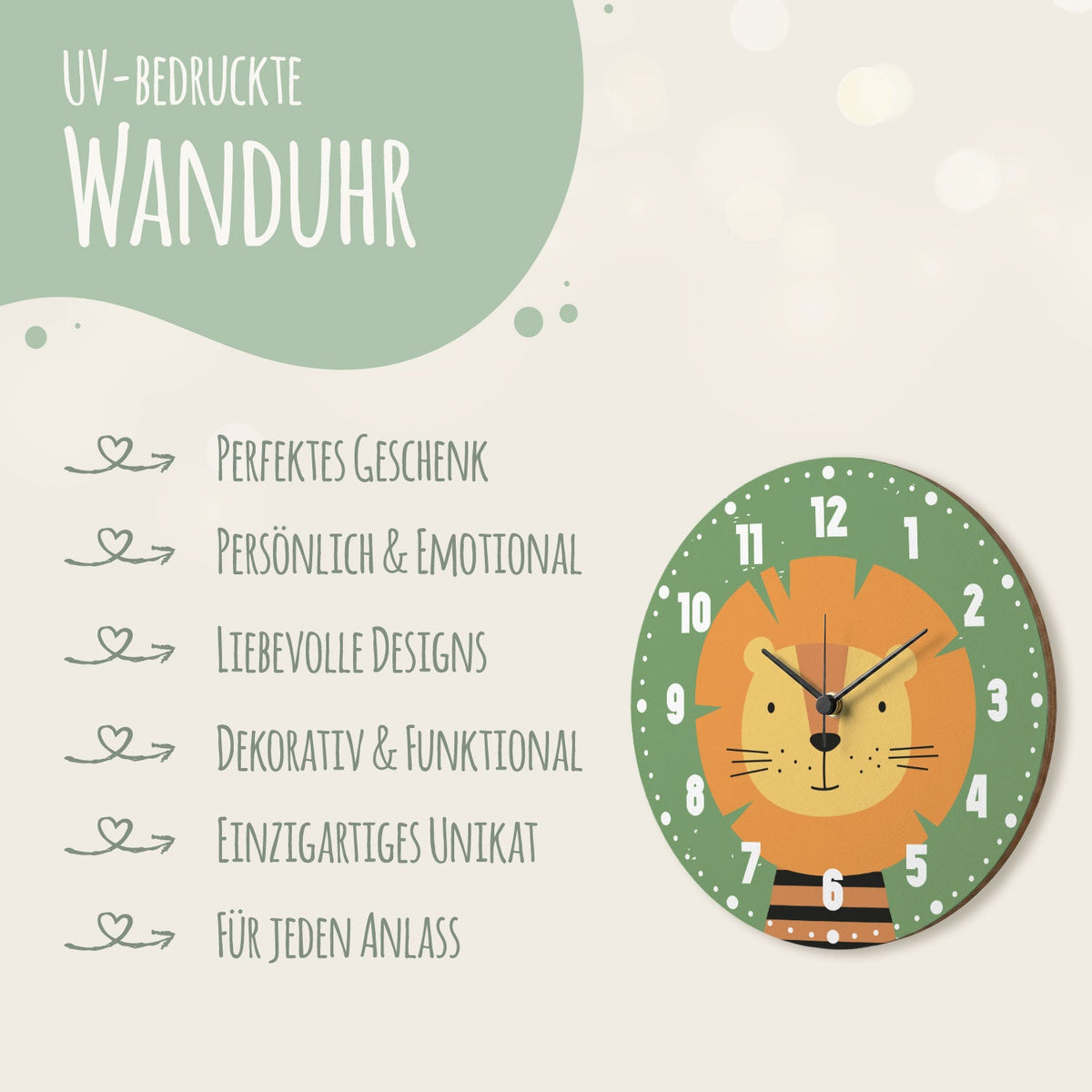 Wanduhr für Kinder im Löwen Design - mit UV Druck