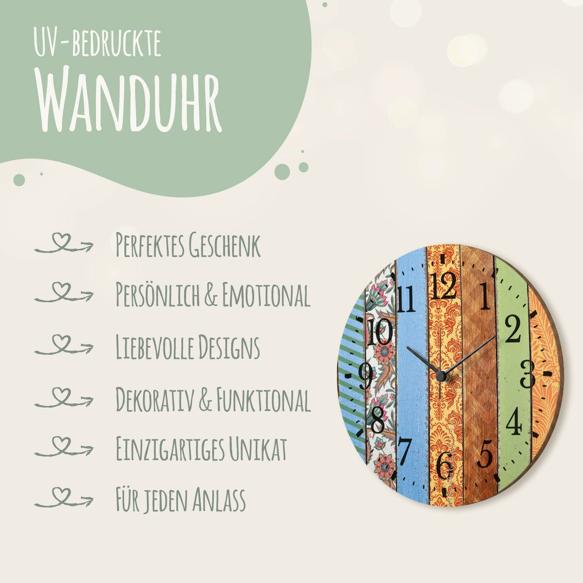 Wanduhr aus Holz Mandala - Mit UV Druck