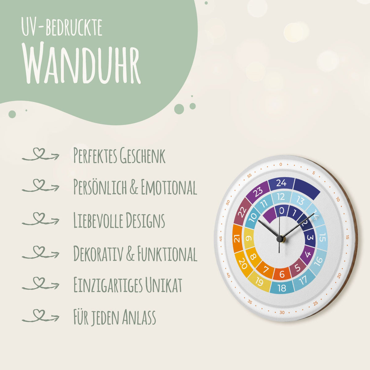 Wanduhr Kinder Regenbogen Farben - mit UV Druck