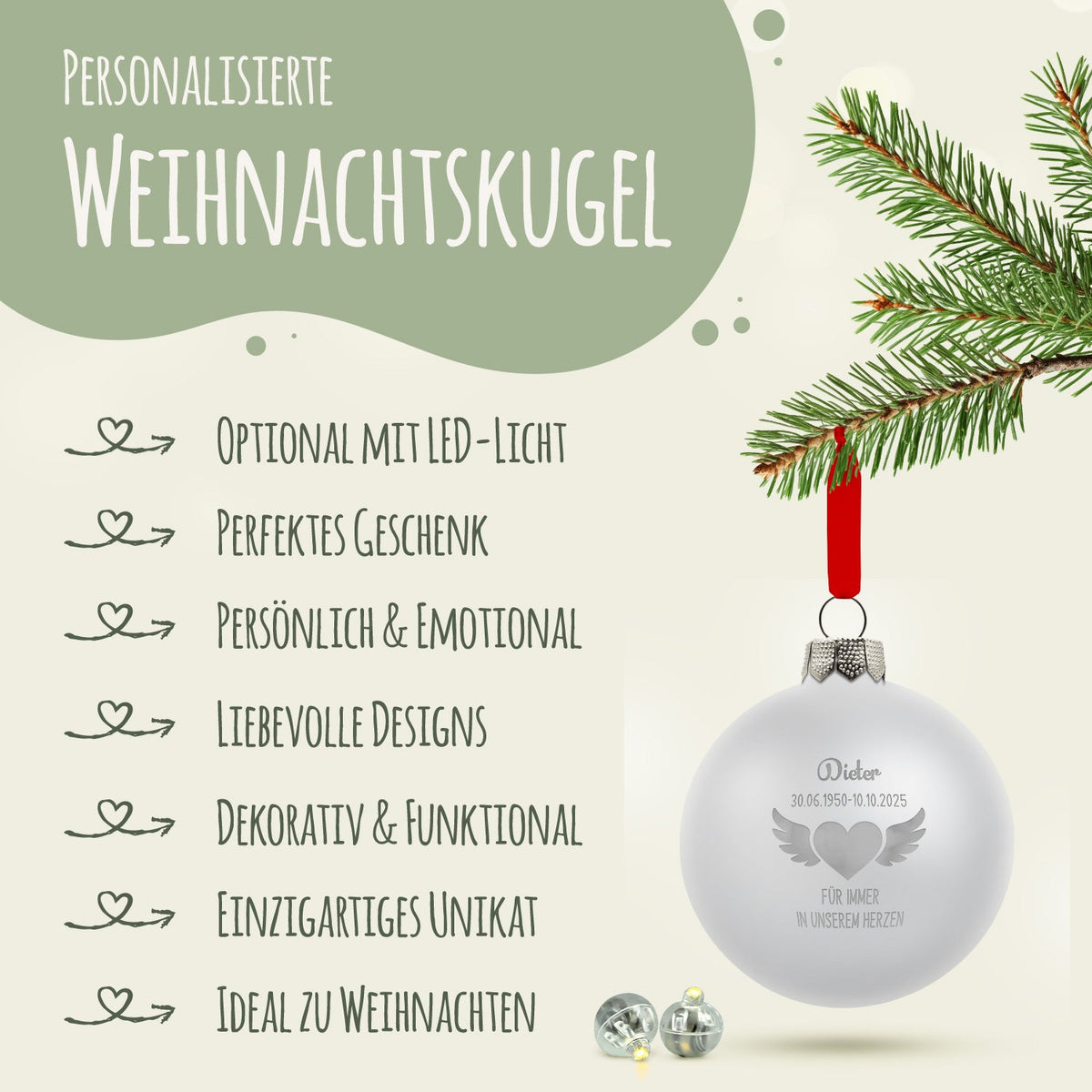 Gravierte Weihnachtskugel - Flügelherz