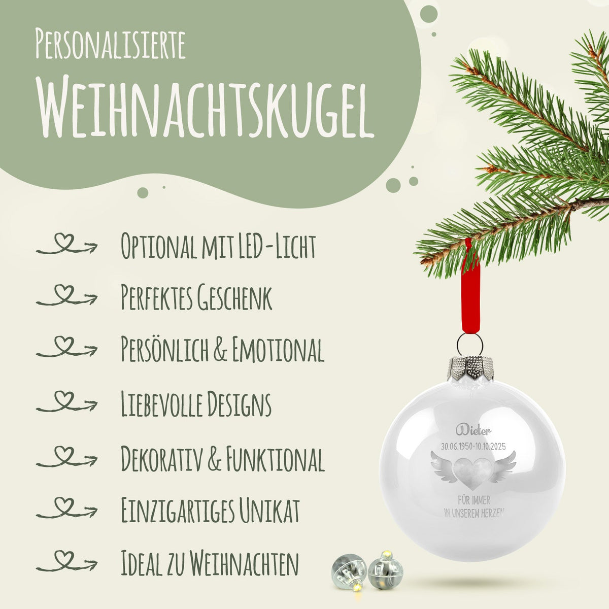 Gravierte Weihnachtskugel - Flügelherz