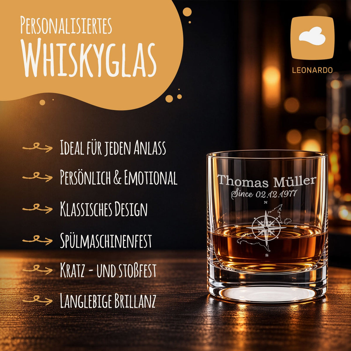 Leonardo Whiskygläser mit Gravur - "Kompass" im Set mit 0,5l Karaffe