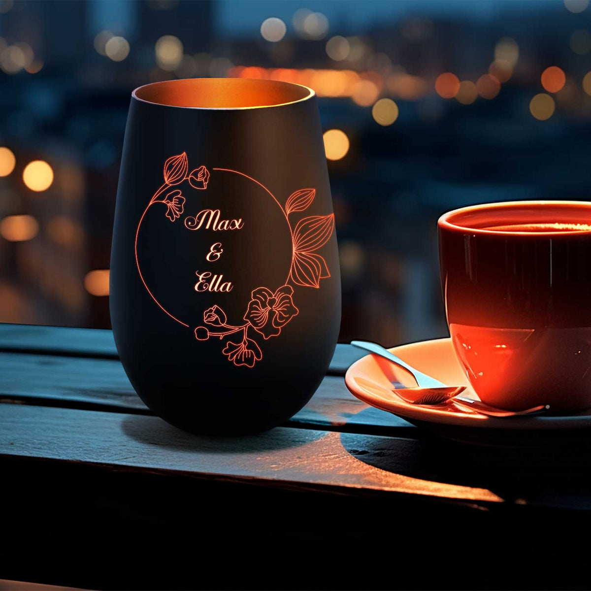 Deko Windlicht aus Glas mit Gravur - Nature Circle Flower - Personalisiert mit Namen