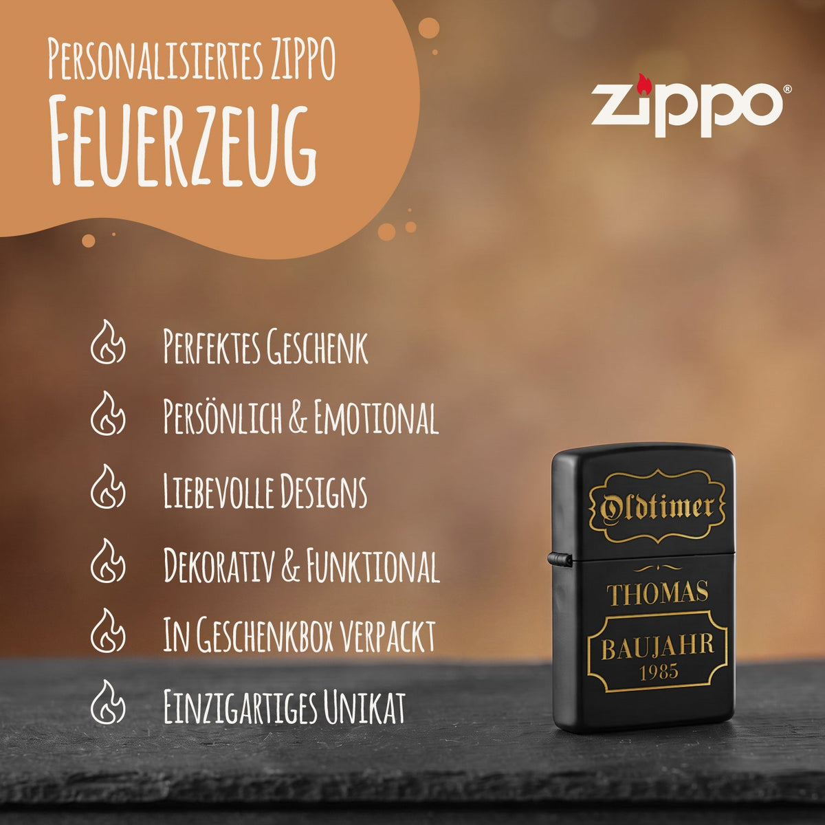 GRAVURZEILE x ZIPPO Personalisiertes Sturmfeuerzeug - Oldtimer - Windfest und Langlebig - Nachfüllbar