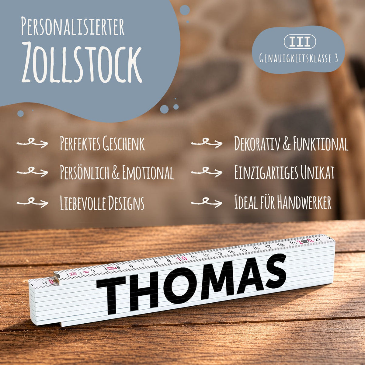 Zollstock 2 Meter mit Gravur oder Druck - Wunschname - Personalisiert mit Namen