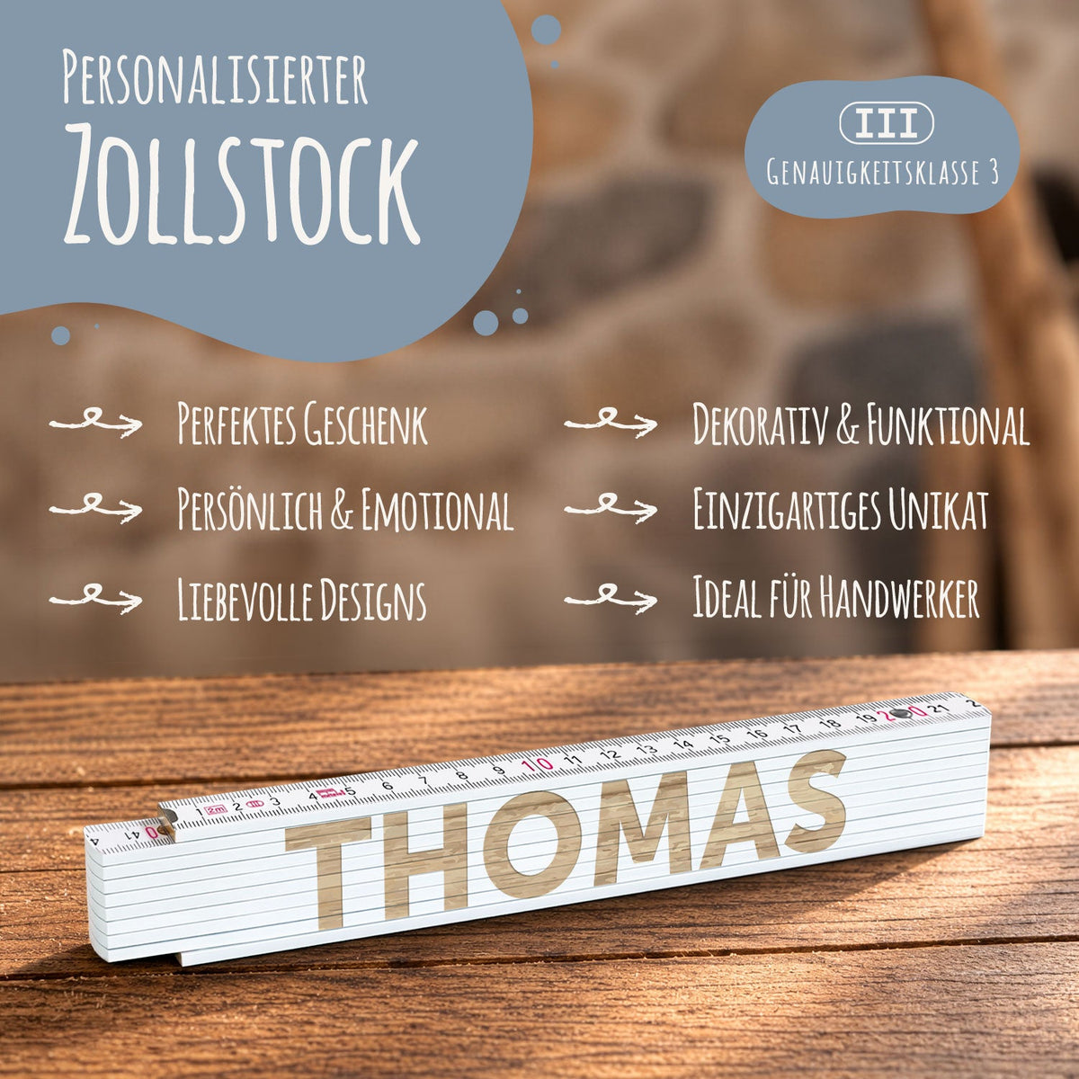 Zollstock 2 Meter mit Gravur oder Druck - Wunschname - Personalisiert mit Namen