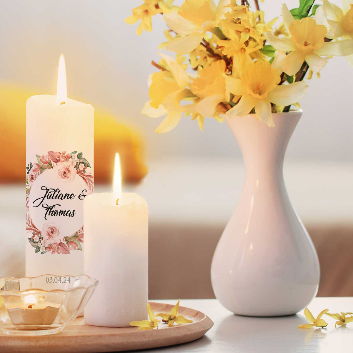 Große Kerze "Floral White" - Hochzeitskerze mit Namen, Datum & Wunschtext