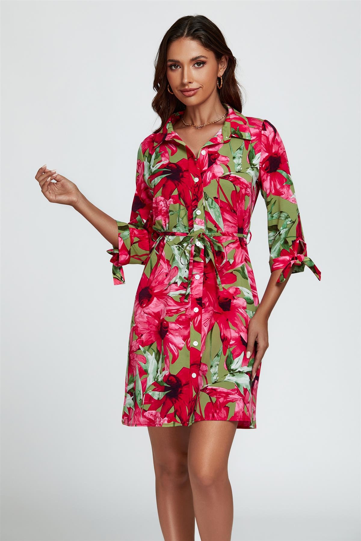 Floral Print Shirt Mini Dress In Red