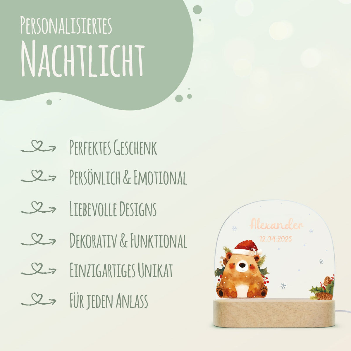 Kinder LED Nachtlicht mit Sockel aus Holz - "Weihnachtstiere"