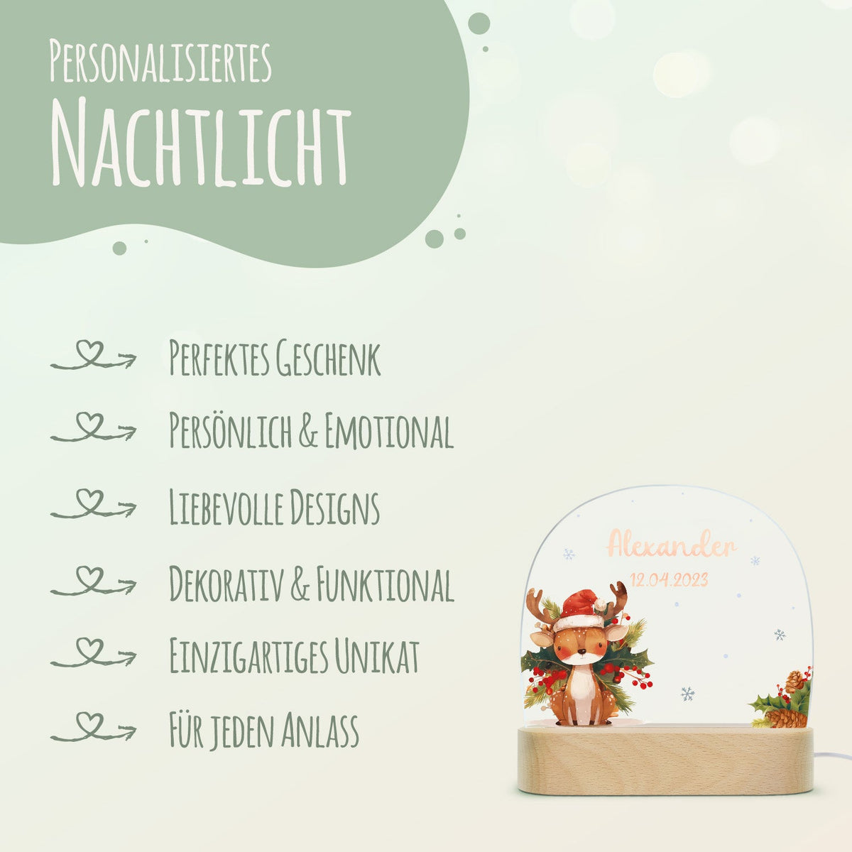Kinder LED Nachtlicht mit Sockel aus Holz - "Weihnachtstiere"