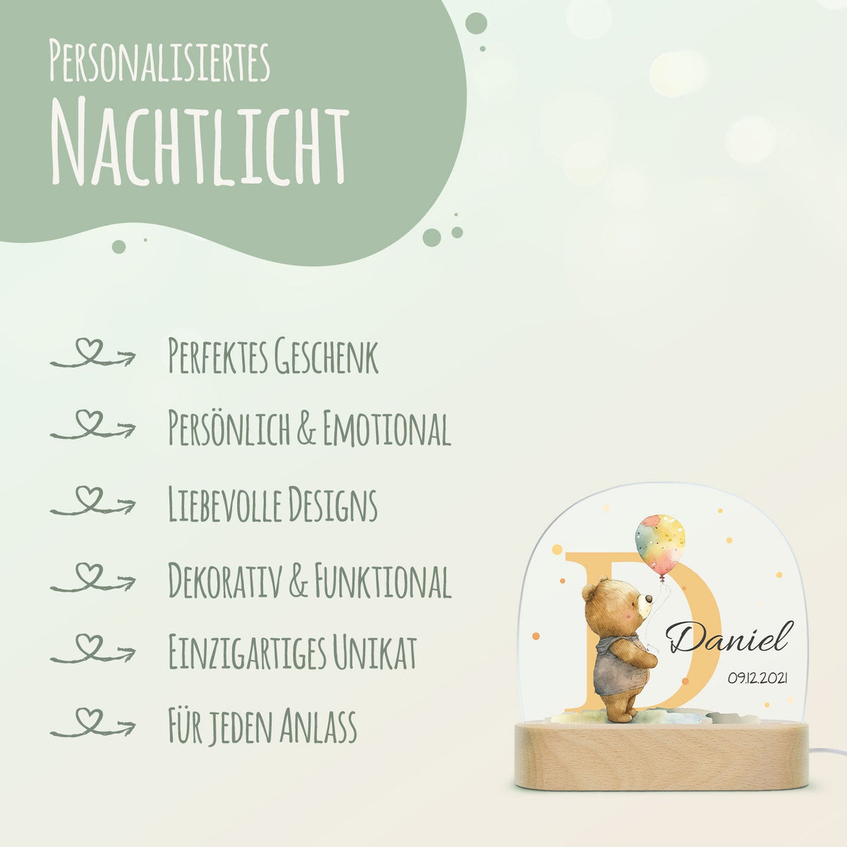 Kinder LED Nachtlicht mit Sockel aus Holz - "Initial Tiere"