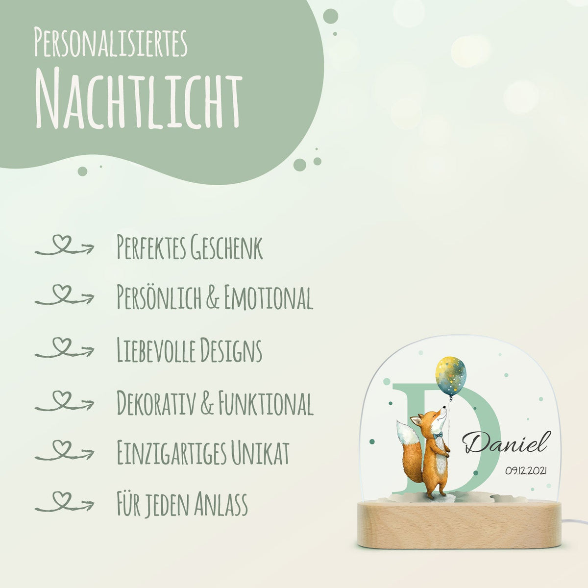 Kinder LED Nachtlicht mit Sockel aus Holz - "Initial Tiere"