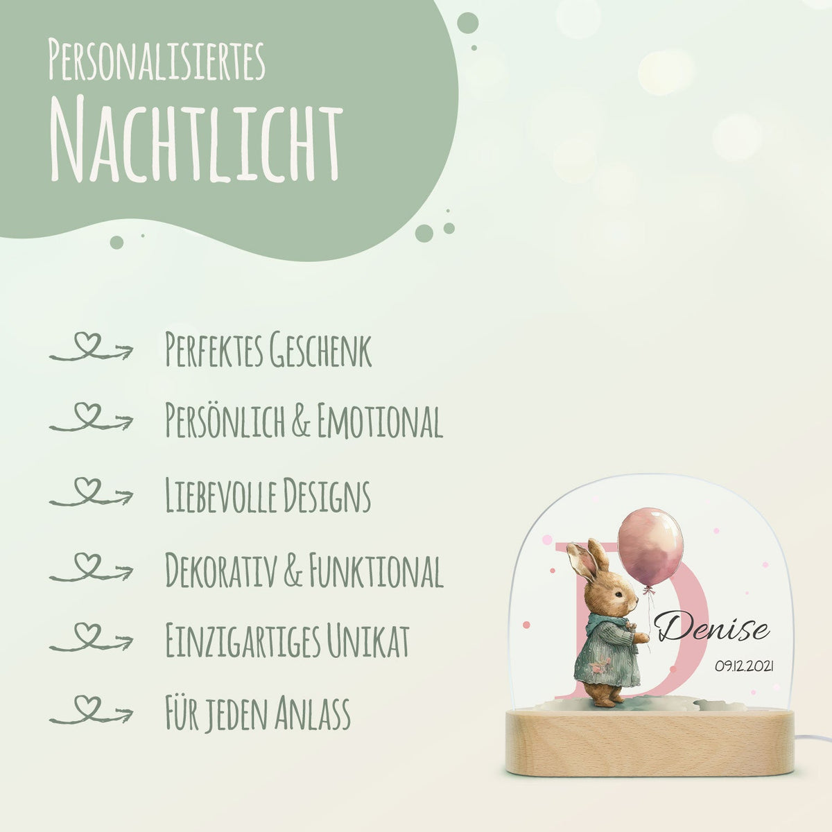 Kinder LED Nachtlicht mit Sockel aus Holz - "Initial Tiere"